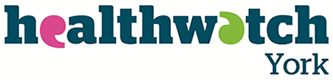 Healthwatch York Logo. The word Healthwatch York is in dark green. The letter 'e' in healthwatch has been replaced by a pink quote mark. The letter 'a' in the word 'watch' has been replaced by a light green quote mark 