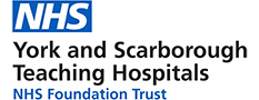 NHS York and Scarborough Teaching Hospitals logo. The letters 'NHS' are white on a pale blue background. Underneath that are the words 'York and Scarborough Teaching Hospitals'Z. Underneath that are the words 'NHS Foundation Trust' in the same blue colour as the NHS badge above.