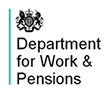 A pale blue vertical line can be seen on the left hand side. The words Department for Works and Pensions are sitting underneath their logo